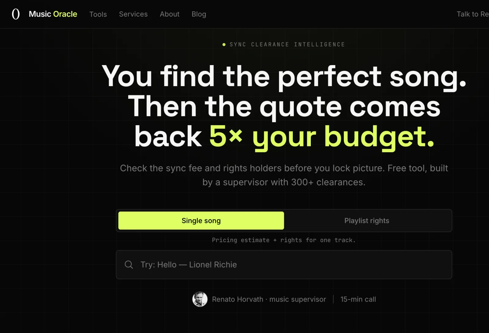 Music Oracle sync fee calculator and clearance intelligence product